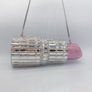 Sparkling lipstick-shaped evening clutch bag encrusted with pink and silver rhinestones