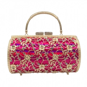 Golden hollow floral evening clutch with rose red lining and sparkling rhinestones