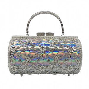 Elegant hollow metal floral evening clutch bag with sparkling crystals and ring handle