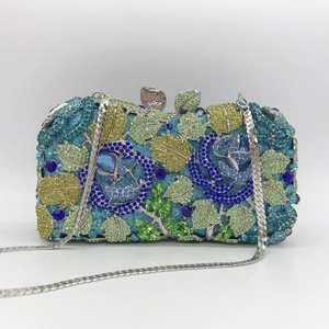 Luxury evening clutch with colorful floral crystals, box frame and heart clasp