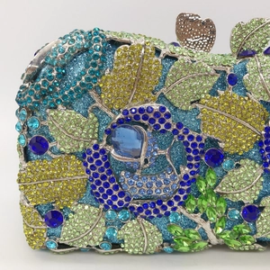 Luxury floral crystal evening clutch bag with multi-color rhinestones and heart clasp
