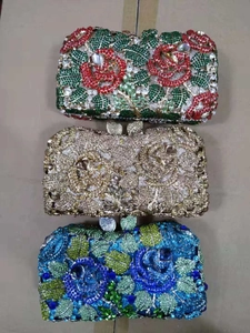 Luxury floral crystal evening clutch bag with 3D rhinestone rose flower pattern