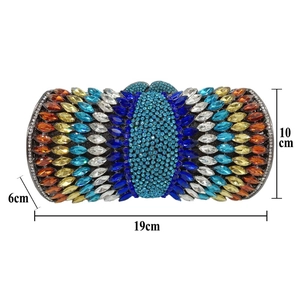 Detailed dimensions of multi-colored rhinestone clutch bag measuring 19cm by 10cm by 6cm