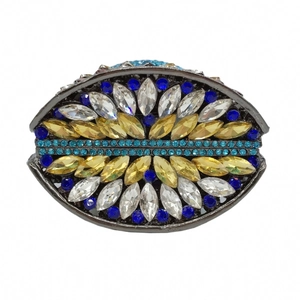 Detailed view of the hollow metal clutch with colorful rhinestones and floral crystal pattern