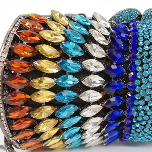 Exquisite hollow metal evening clutch bag featuring colorful rainbow gradient rhinestones