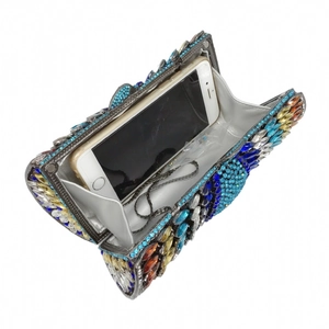 Colorful rhinestone evening clutch with metal chain strap and open interior for phone