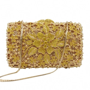 Evening Clutch Bag Luxury Rhinestone Crystal Metal Hollow Floral For Women Wedding Party Elegant Handbag With Chain Strap