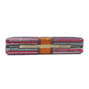 Top view of rectangular evening clutch with vibrant multi-colored rhinestone stripes