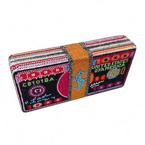 Detailed macro view of colorful rhinestone dollar bill stack evening clutch bag