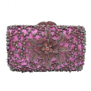 Luxury rose red floral hollow metal clutch bag with sparkling rhinestones for evening events