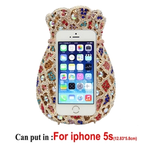 Detail view of rhinestone evening bag capacity showing an iPhone 5s for size reference
