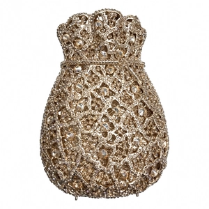 Detailed view of the sparkling drawstring purse with full rhinestones in golden finish