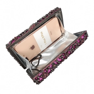Hollow out metal evening clutch bag with pink and purple rhinestones fitting large phones