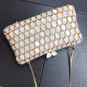 Water drop shell clutch bag with gold frame and crystal rhinestones for formal events