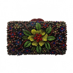 Exquisite floral rhinestone pattern detail on a rectangular luxury evening clutch bag