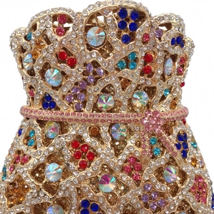 Luxurious evening drawstring money bag with colorful crystals and pink rhinestone bow