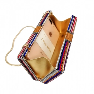 Sparkling crystal dollar clutch bag with colorful stripes and gold chain strap