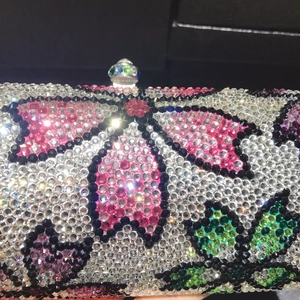 Luxury evening clutch bag with handmade colorful floral rhinestone inlay and crystal knob