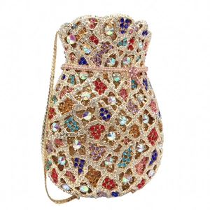 Luxury rhinestone evening pouch with colorful crystals and gold chain shoulder strap