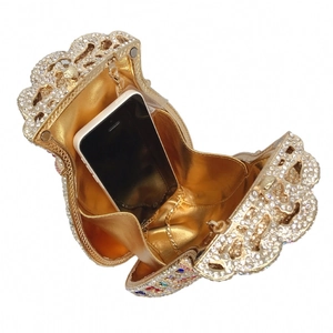 Sparkling drawstring evening clutch bag with full rhinestones and gold chain strap