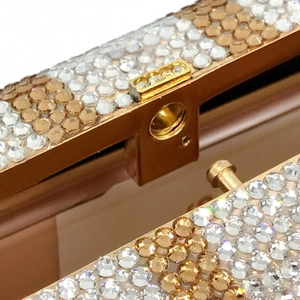 Dettaglio macro della borsa Dollar con chiusura dorata e strass color ambra