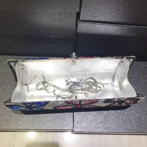 Handmade multicolored rhinestone clutch bag with silver chain and crystal clasp for gala