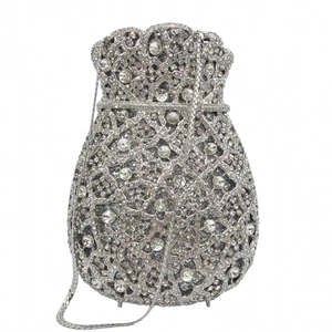 Close-up of sparkling silver rhinestone evening bag with drawstring pouch design and chain