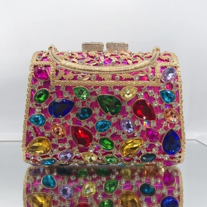 Luxurious Evening Clutch Bag With Colorful Rhinestones Metal Hollow Out Floral Handbag For Women Banquet Wedding Party