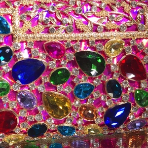 Luxury colorful gemstone evening clutch with golden floral hollow metal frame and crystals