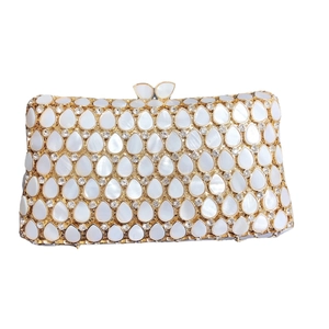 Elegant gold rectangle clutch with teardrop mother-of-pearl and butterfly clasp
