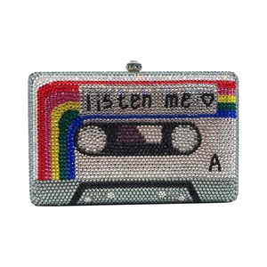 Retro Cassette Tape Evening Clutch Bag Rhinestone Crystal Handbag For Party Rainbow Striped Metal Case Women Luxury