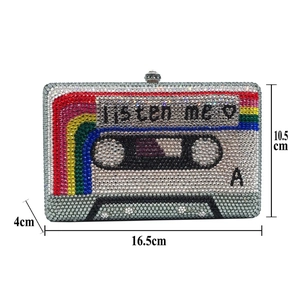 Detailed size specifications of retro cassette tape evening bag with full crystal studs
