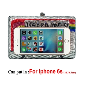 Rainbow crystal clutch bag size comparison with smartphone showing interior capacity