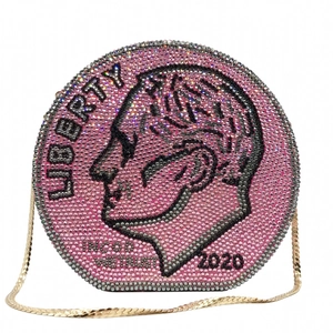 Round Liberty Coin Rhinestone Evening Clutch Bag Handmade Crystal Metal Hard Shell Banquet Party Handbag Chain Strap
