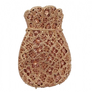 Detail of rose gold rhinestone evening bag with intricate hollow petal texture