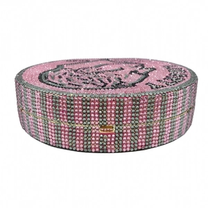 Sparkling crystal encrusted round dollar coin evening clutch bag in pink and black rhinestones