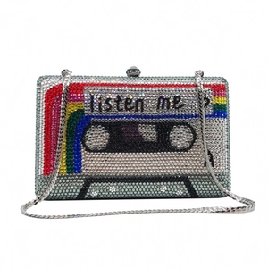 Retro cassette tape evening clutch bag with sparkling crystals and rainbow stripes