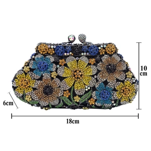 Detailed view of colorful rhinestone floral evening bag showing 18cm width and 10cm height