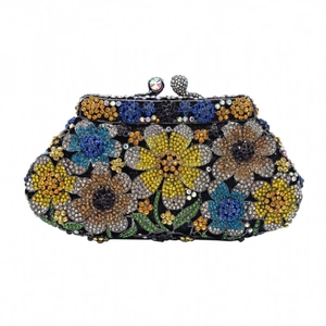 Luxury floral evening clutch bag with colorful crystals and metallic spherical clasp