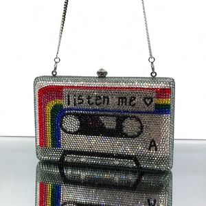 Vintage cassette-shaped evening clutch bag with sparkling crystals and rainbow stripes