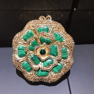 Green malachite rose evening clutch bag with sparkling crystals and gold floral frame