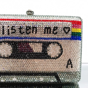 Vintage cassette tape evening clutch bag with sparkling crystals and rainbow stripes