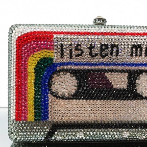 Sparkling vintage cassette tape clutch bag covered in crystals with rainbow stripes