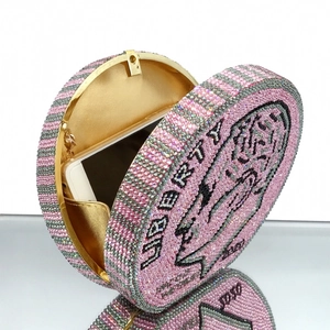 Round rhinestone evening clutch bag with pink striped pattern and gold metal frame