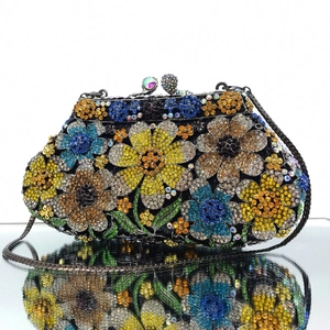 Luxury colorful floral crystal clutch bag with diamond encrusted daisy patterns and chain
