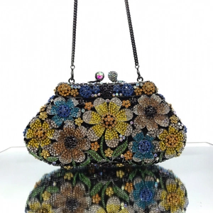 Luxury floral crystal evening clutch bag with colorful daisy rhinestones and chain strap