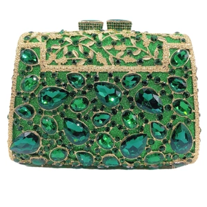 Emerald green crystal evening clutch bag with gold leaf metal frame and rhinestones