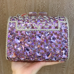 Luxury purple evening clutch bag with crystal rhinestones and silver metal leaf patterns