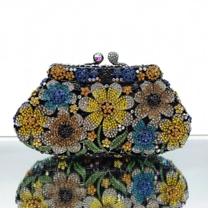 Floral Rhinestone Evening Clutch Bag Colorful Daisy Crystal Metal Hard Shell Banquet Purse With Chain For Women