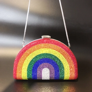 Semicircle Rainbow Rhinestone Evening Bag Luxury Shell Shaped Clutch For Women Party Banquet With Silver Metal Chain
